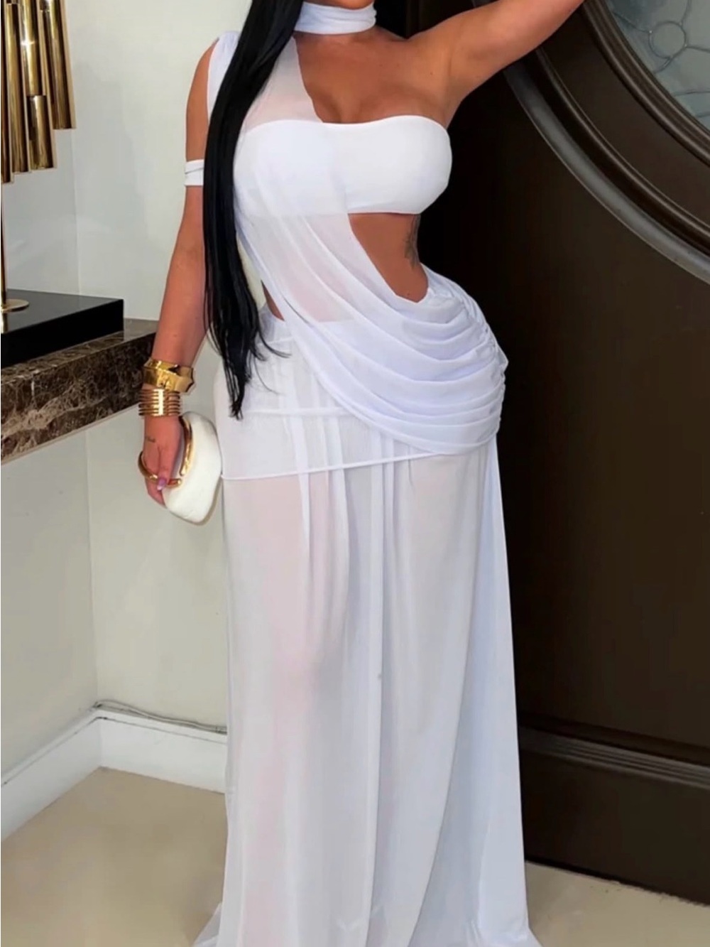Asymmetric One-Shoulder White Draped Cutout Maxi Dress